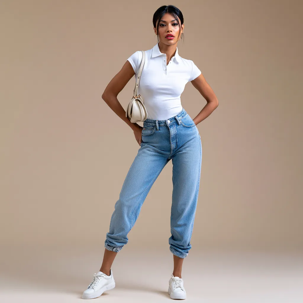 medium wash curved denim sneakers casual outfit