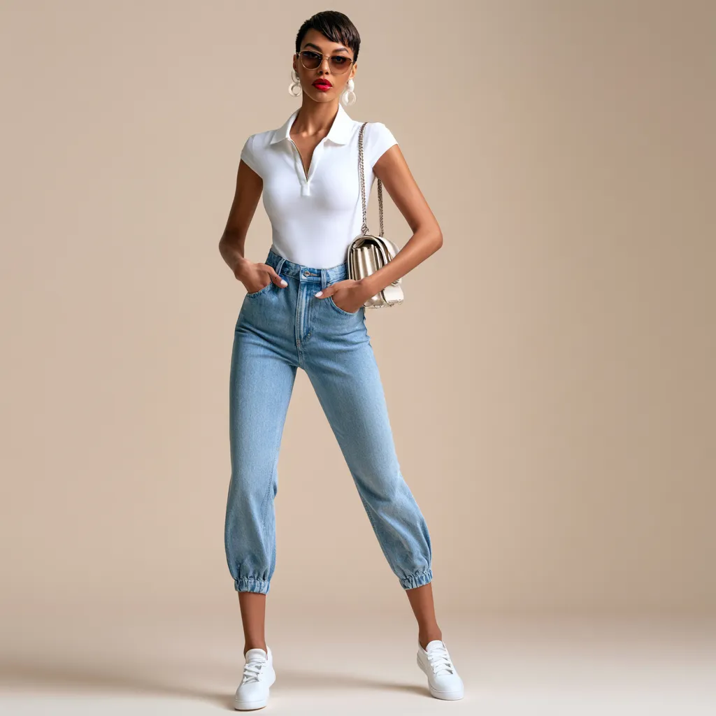 high waist barrel ankle jeans white polo outfit