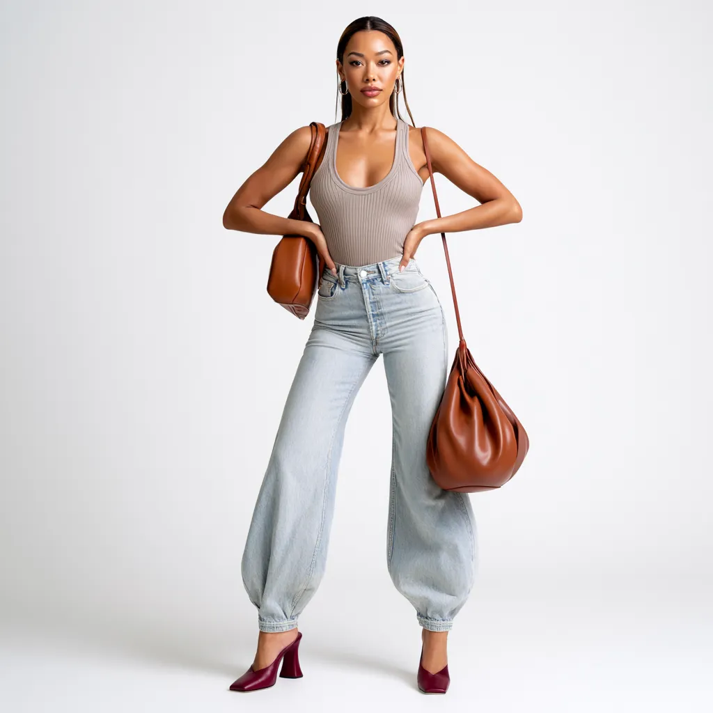curved denim high waist editorial outfit 2026