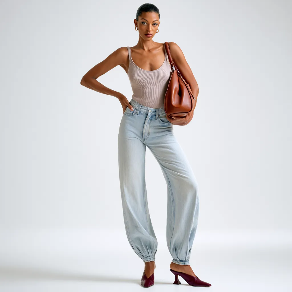light wash barrel jeans structured bag styling