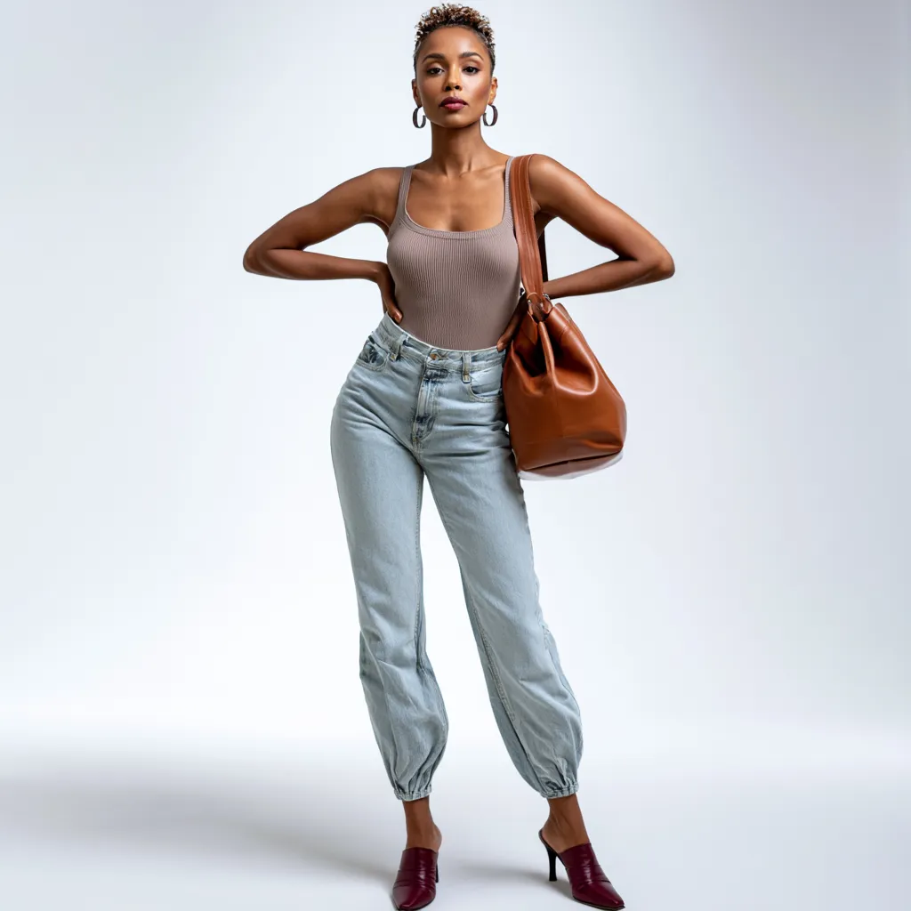 barrel leg jeans fitted ribbed tank spring look
