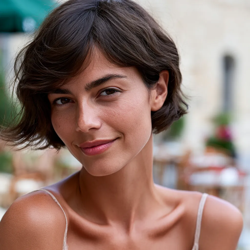 bixie cut brunette styling outward flip ends