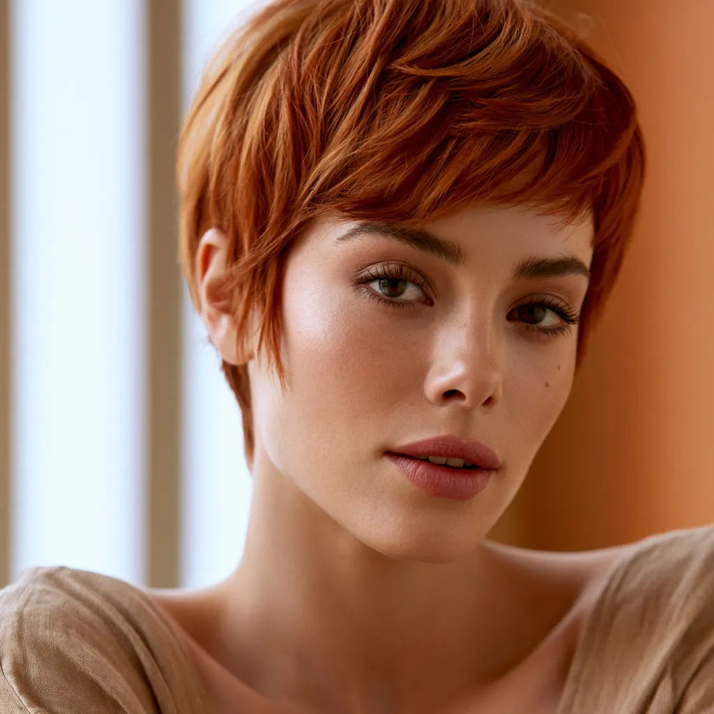 bixie cut copper red textured layers side part
