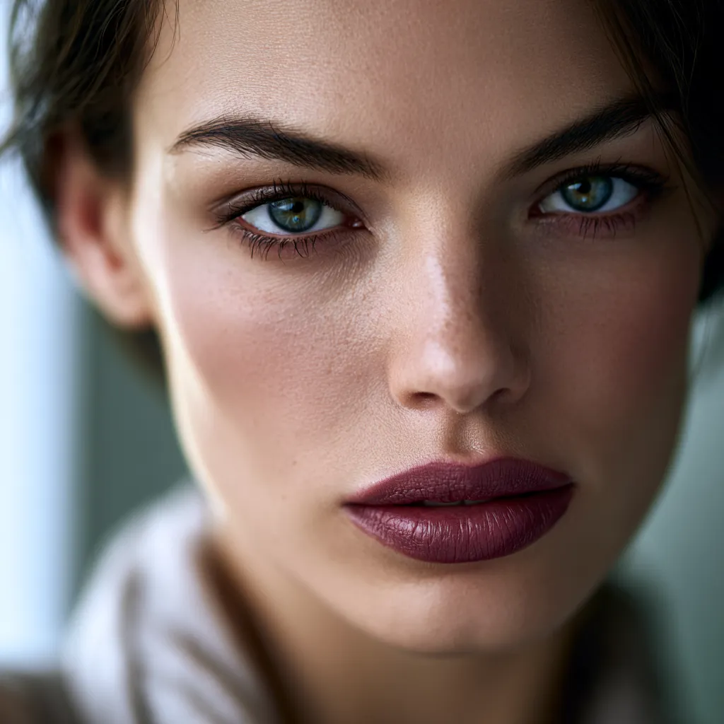 Spring makeup look with blurred rosy lip center
