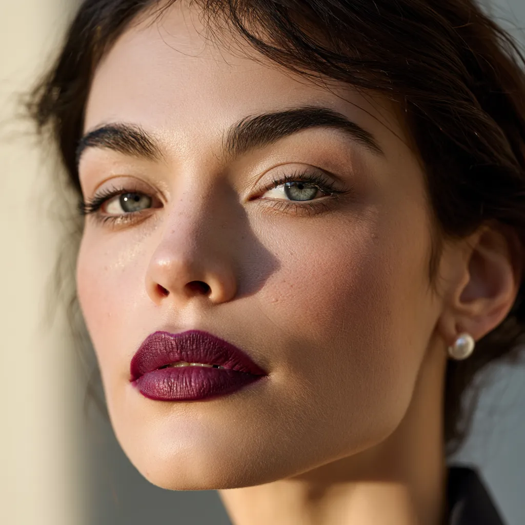 Blurred mauve lip look in warm spring light