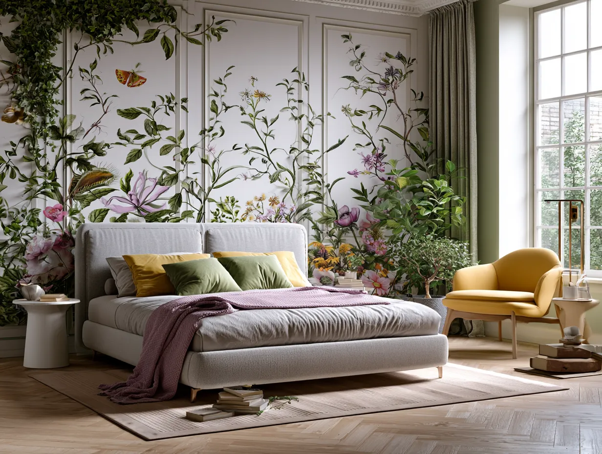 Sisal grasscloth wallpaper texture with oversized fern motif