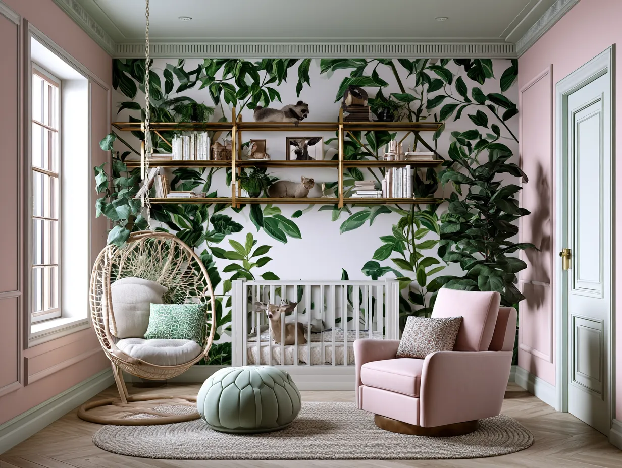 Botanical mural panels being aligned during professional installation