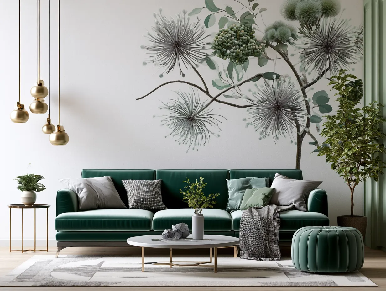 Botanical mural on natural fiber wallpaper in living room