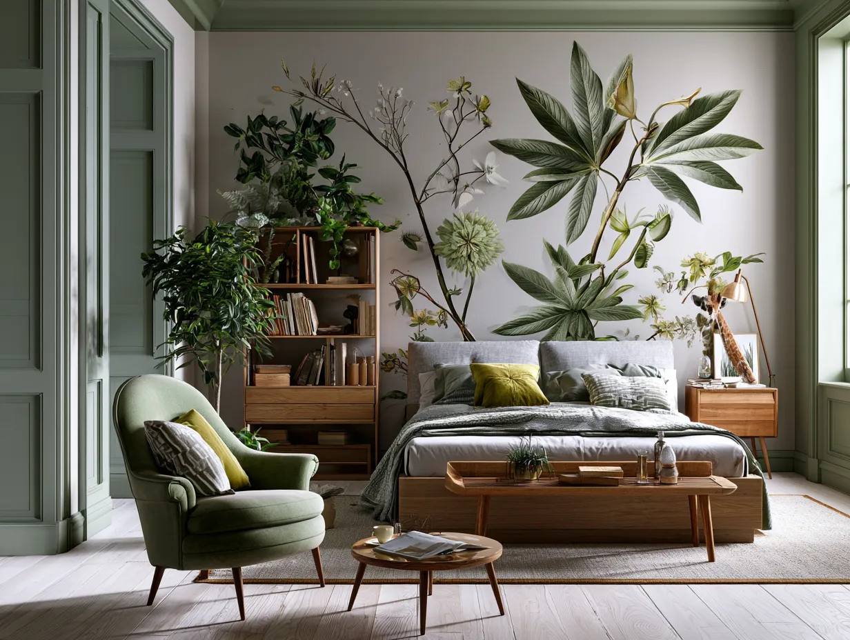 Eco-friendly grasscloth wallpaper with tropical leaf print