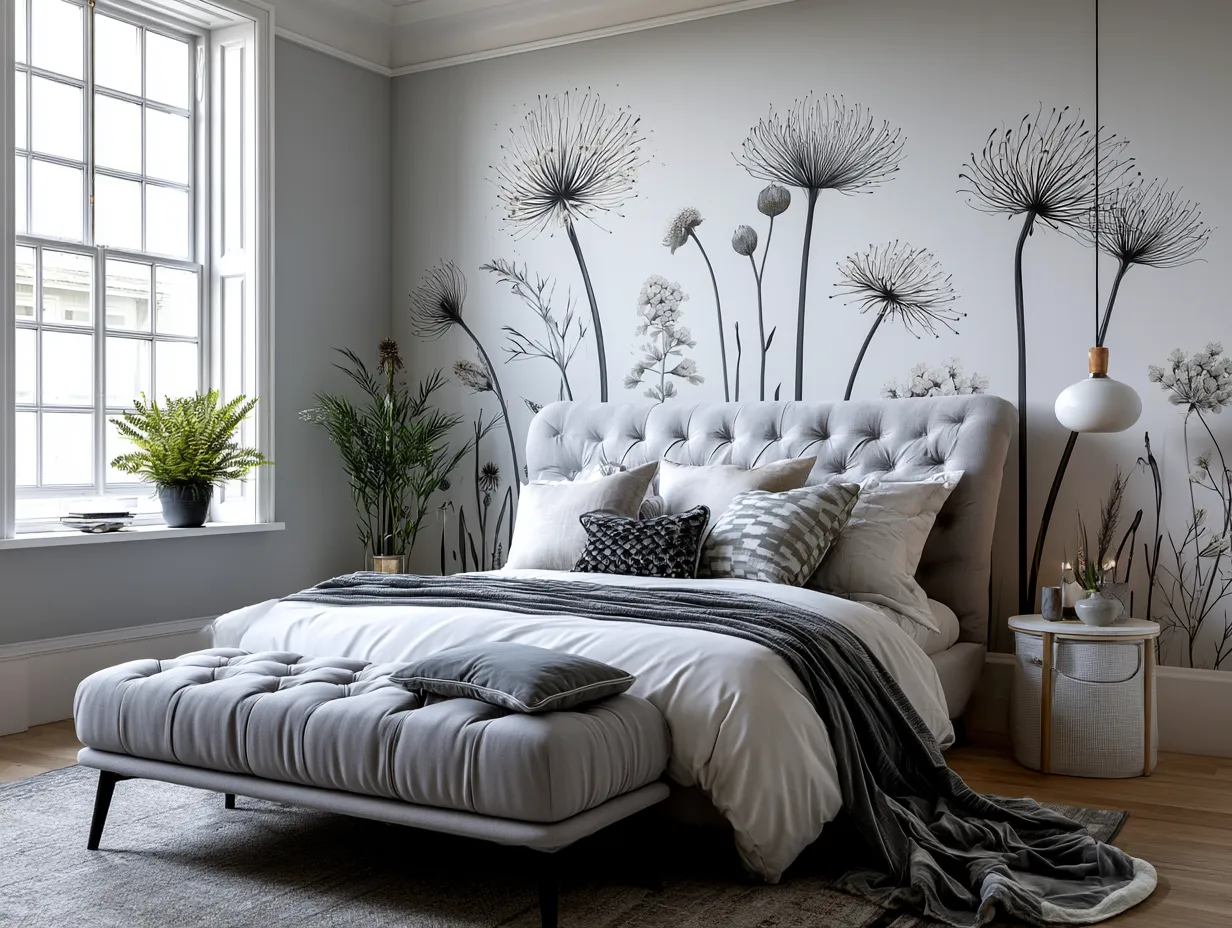 PVC-free botanical wallpaper panel in sunlit interior