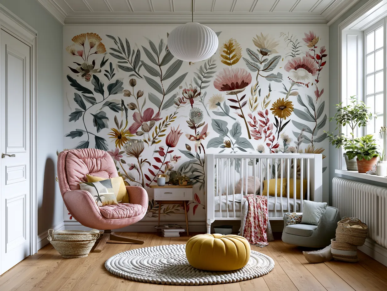 Large botanical mural panel application in progress