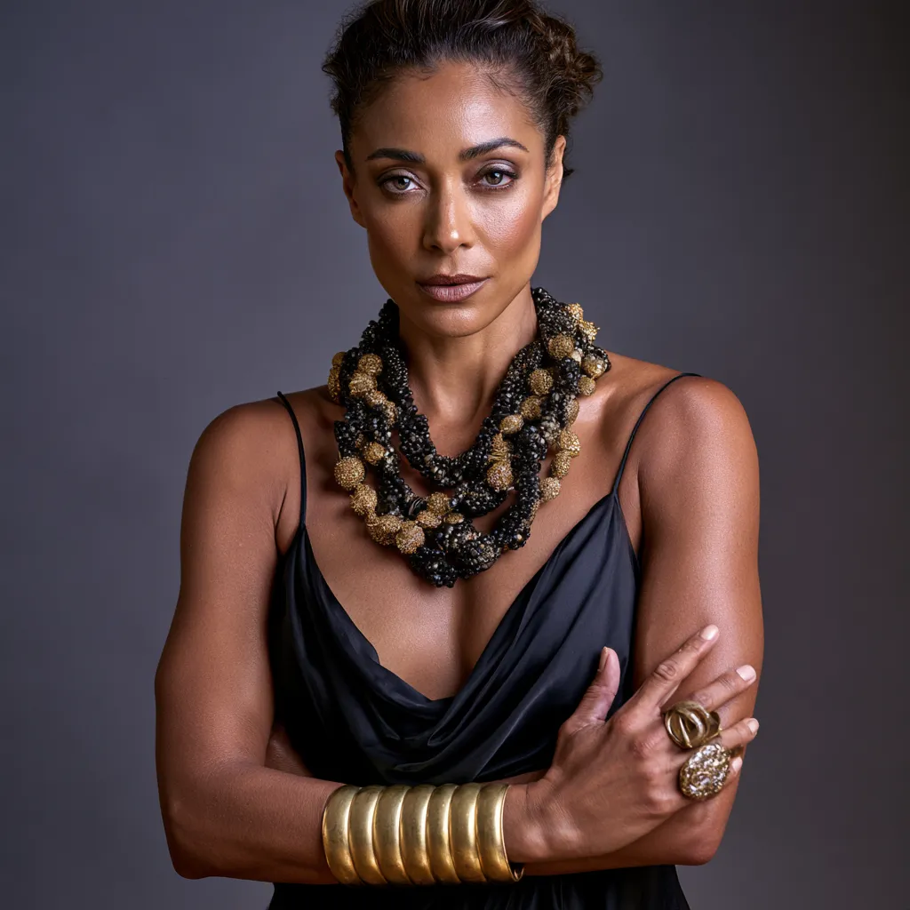 bold sculptural jewelry layered look fashion editorial