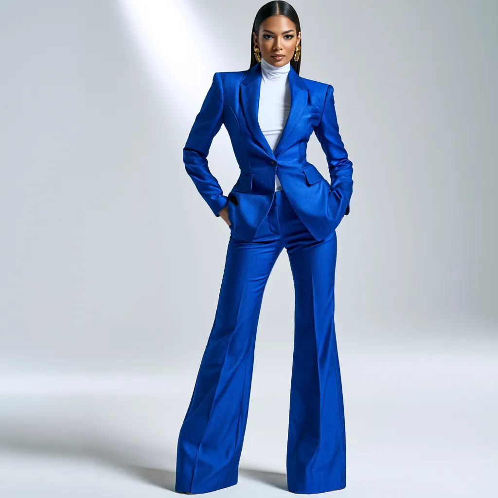 Full cobalt coordinated suit editorial standing pose studio