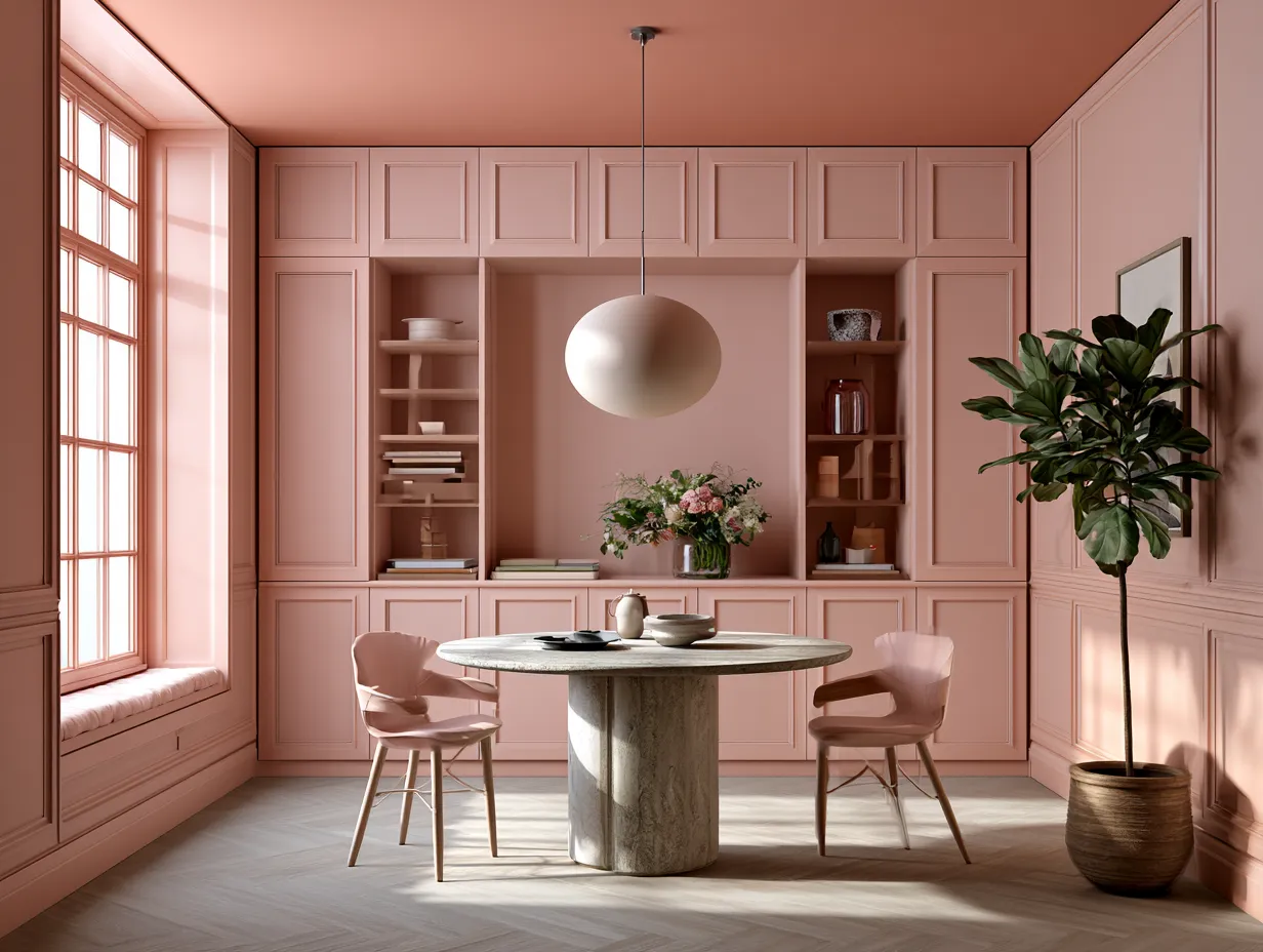 tonal drenching dining room peachy pink walls darker ceiling