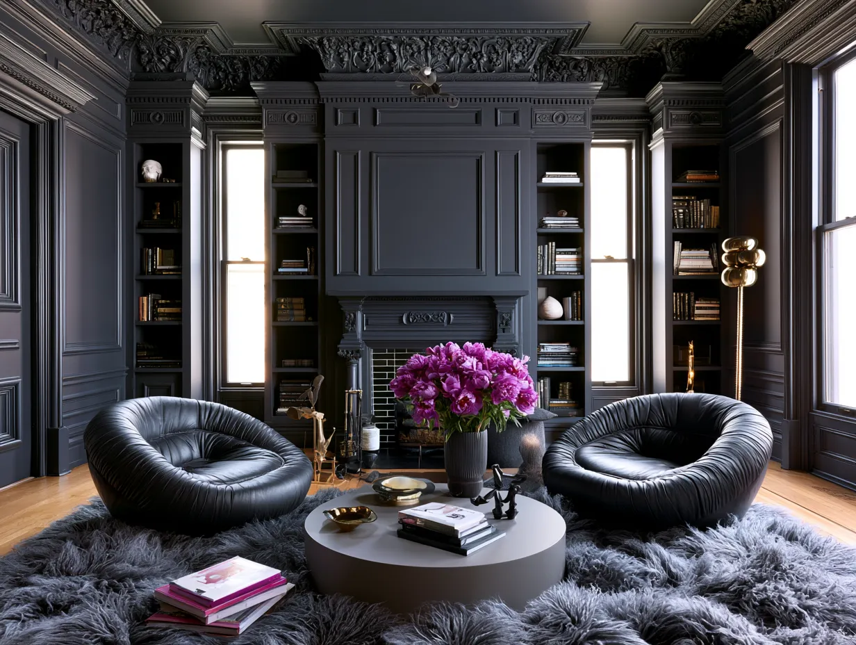 Victorian room colour drenched burnt umber walls ceiling trim