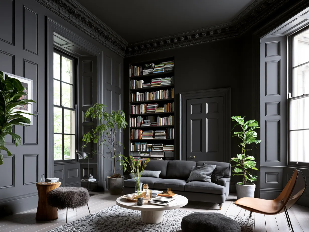 built-in bookshelves painted single deep charcoal unified hue