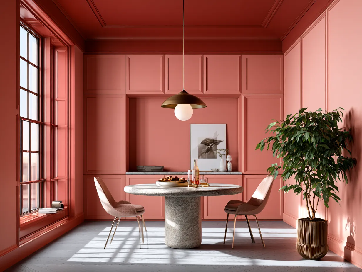 warm pink colour drenched room ceiling walls same hue depth