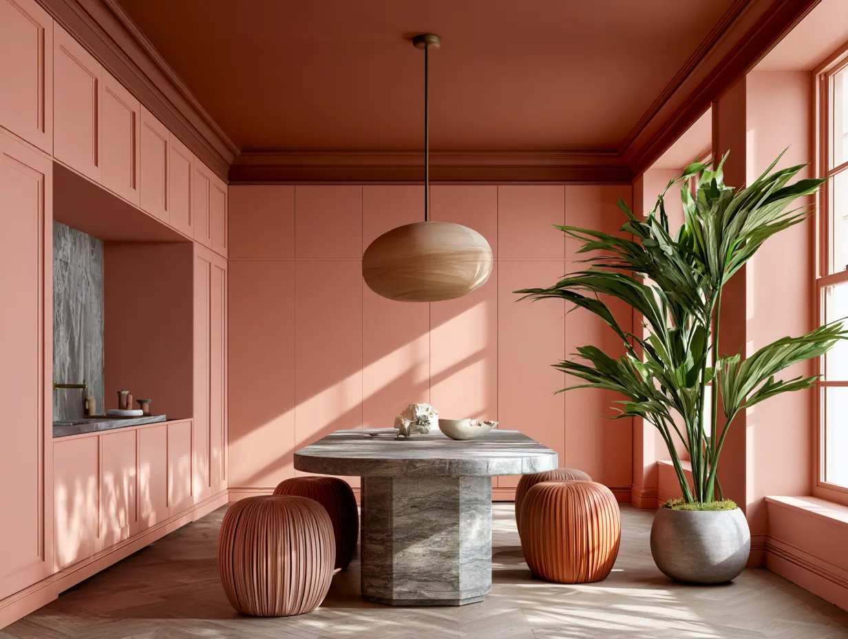 contemporary dining room single colour family walls ceiling cabinetry