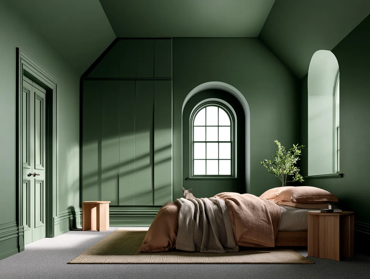 colour drenching dark green bedroom natural linen oak furniture