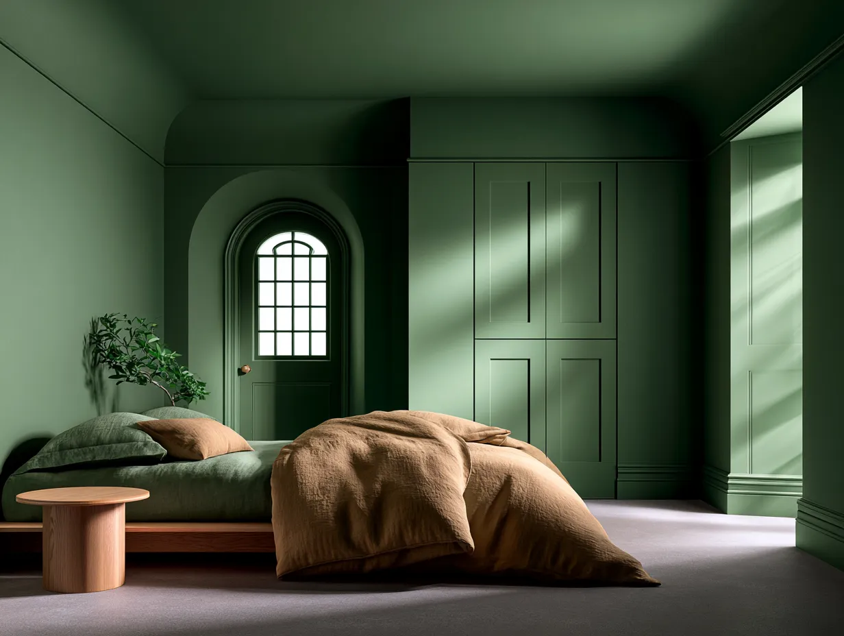 bedroom colour drenched deep forest green ceiling walls door