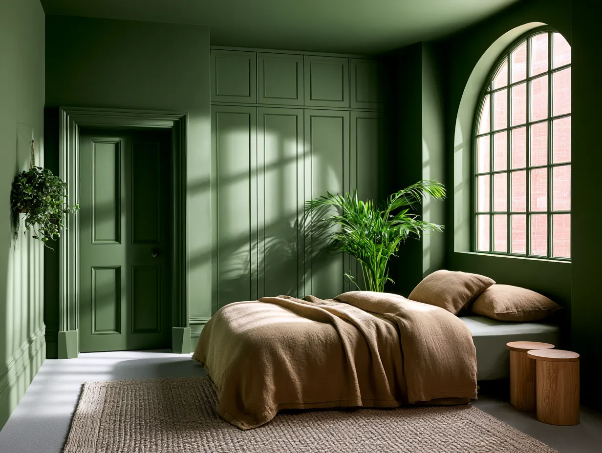 all surfaces painted single green hue built-in wardrobe matching