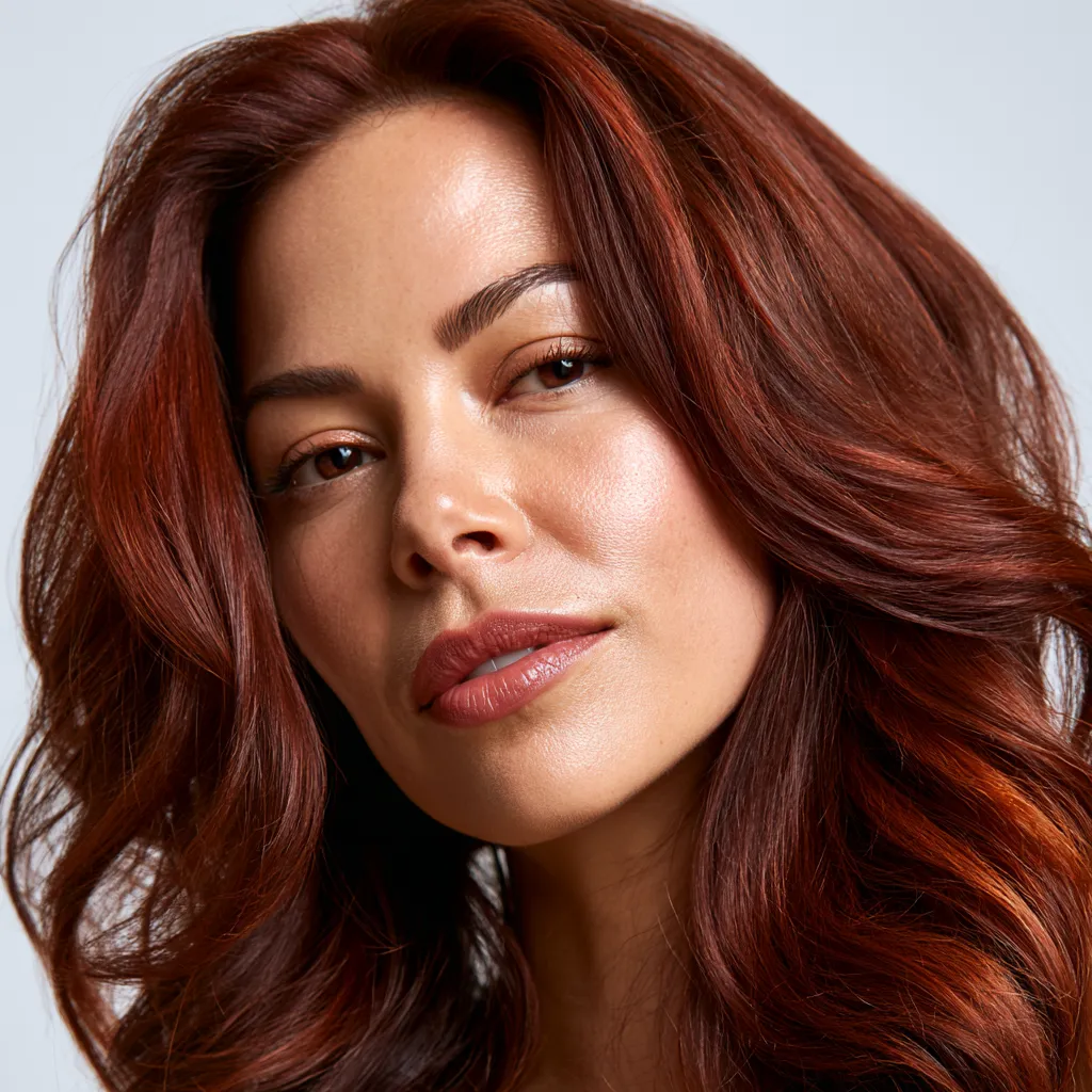 Dimensional copper hair with soft burnt sienna highlights