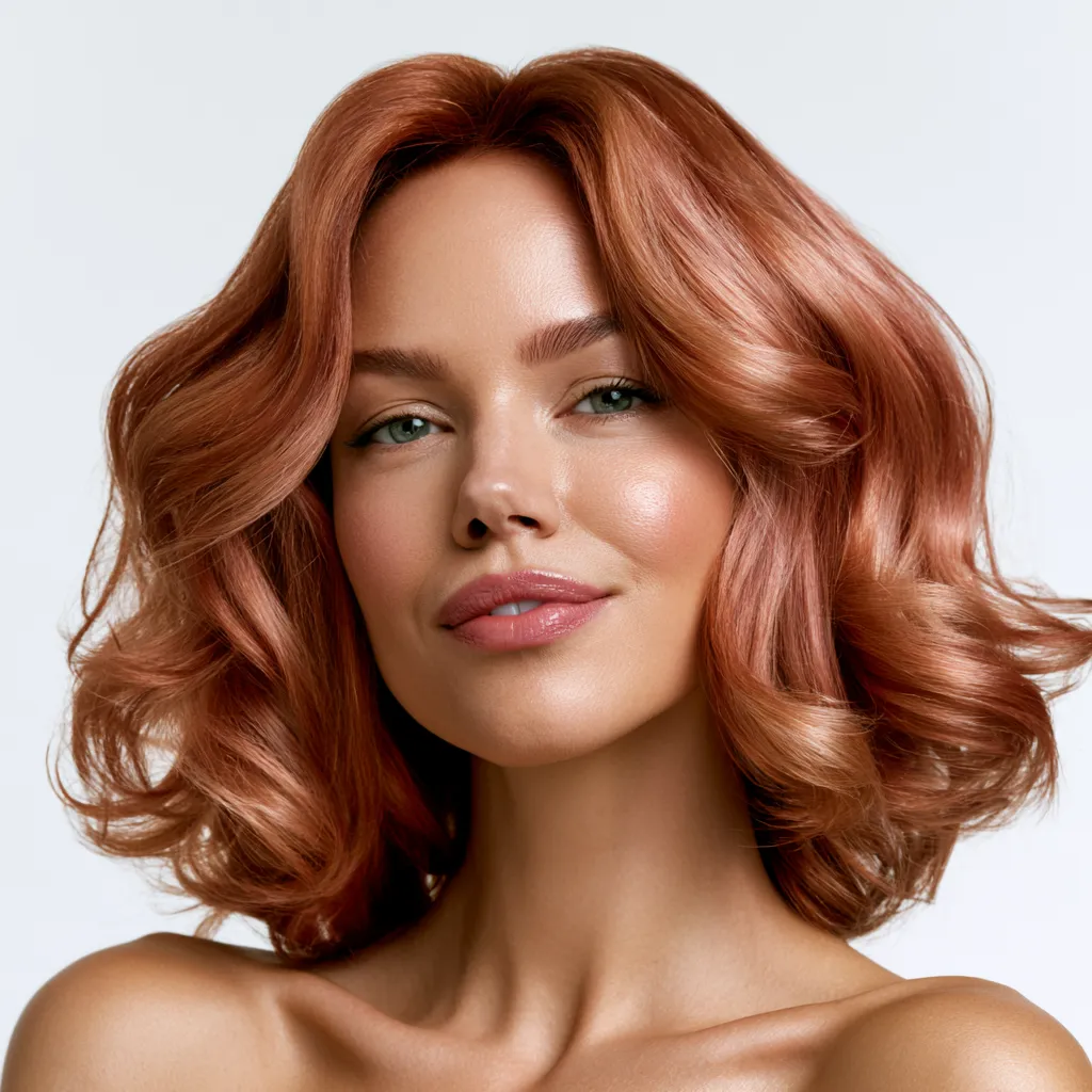 Glossy copper balayage technique with dimensional warm tones