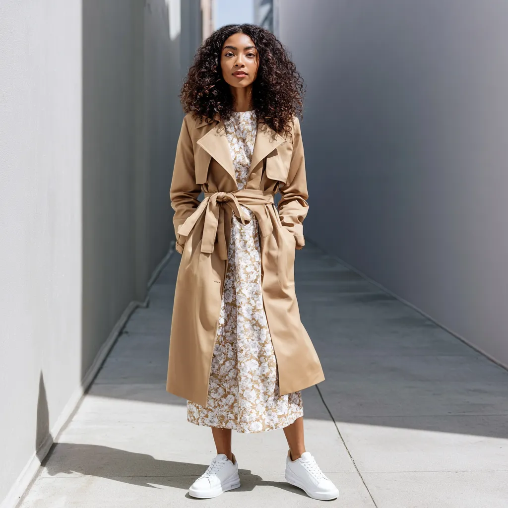 cropped trench coat over midi dress spring outfit editorial