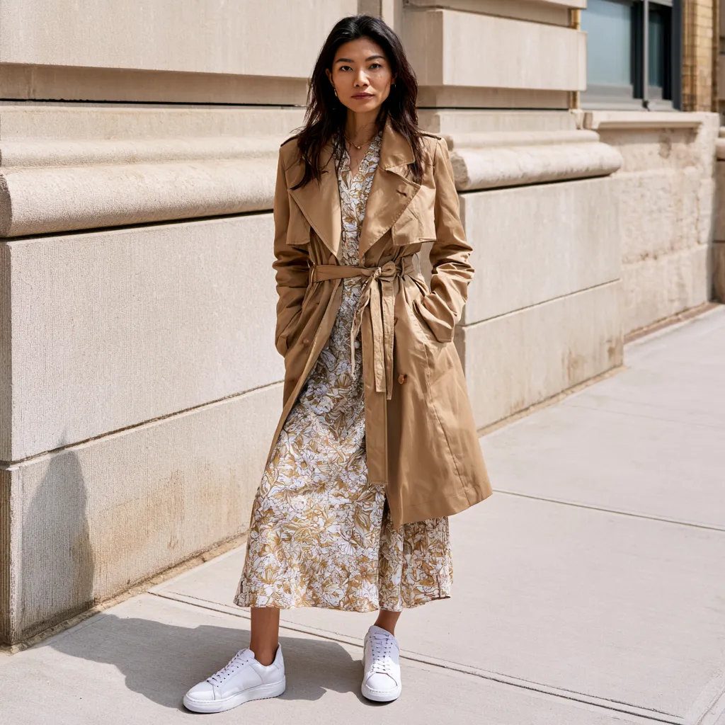 camel belted cropped trench midi dress white sneakers look