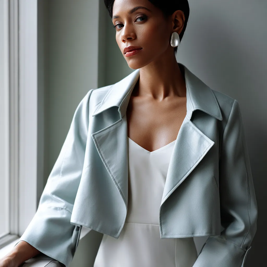 powder blue cropped trench coat white slip dress spring