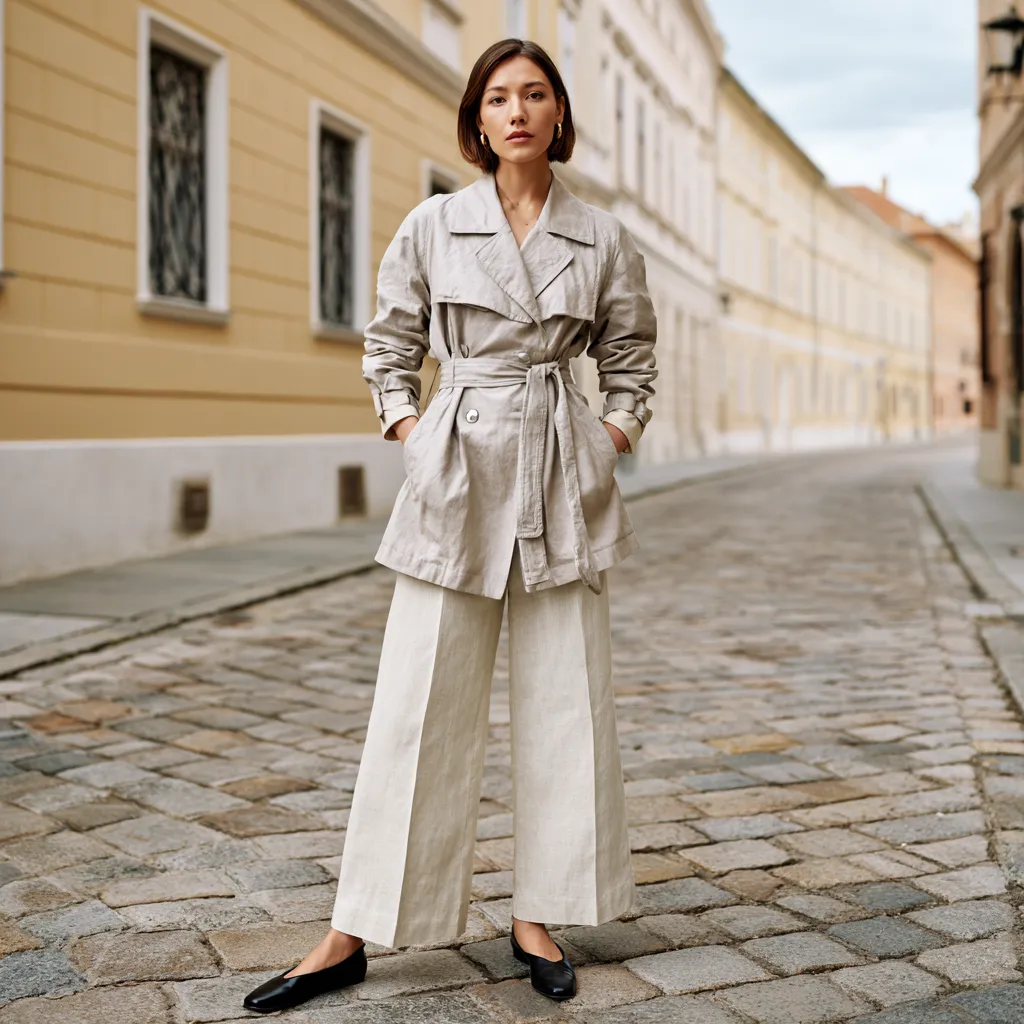 cropped trench coat linen pants leather ballerinas editorial