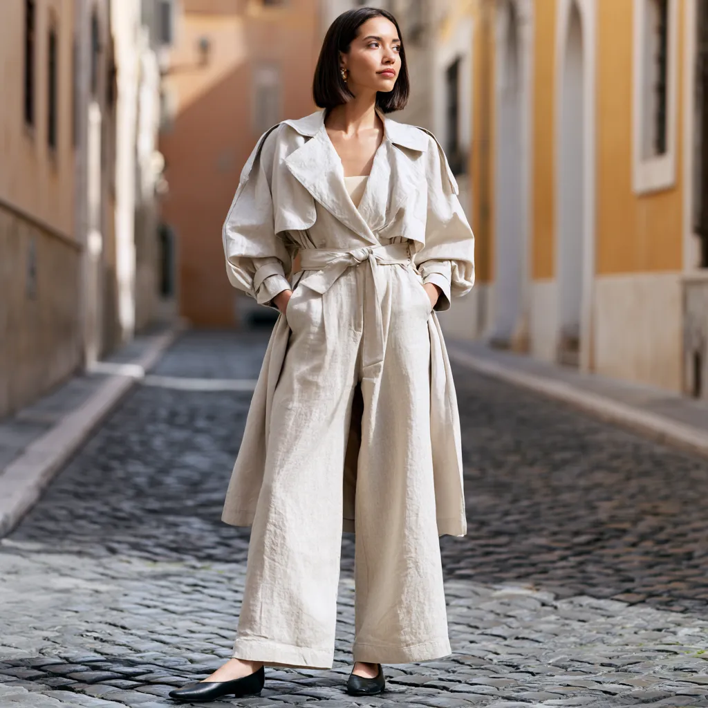 beige cropped trench coat wide leg trousers street style