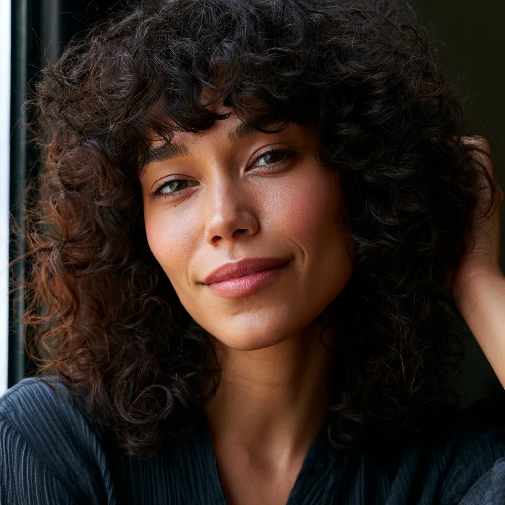 medium shag haircut with full fringe on curly hair