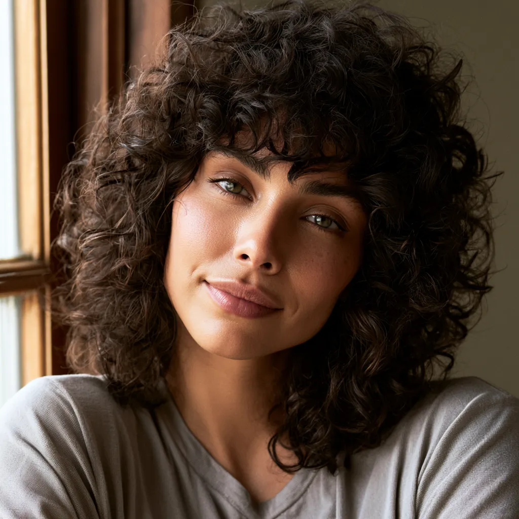 curly shag cut showing depth color and textured ends