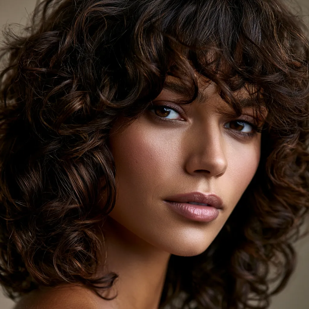 curly shag haircut with curtain bangs and defined layers
