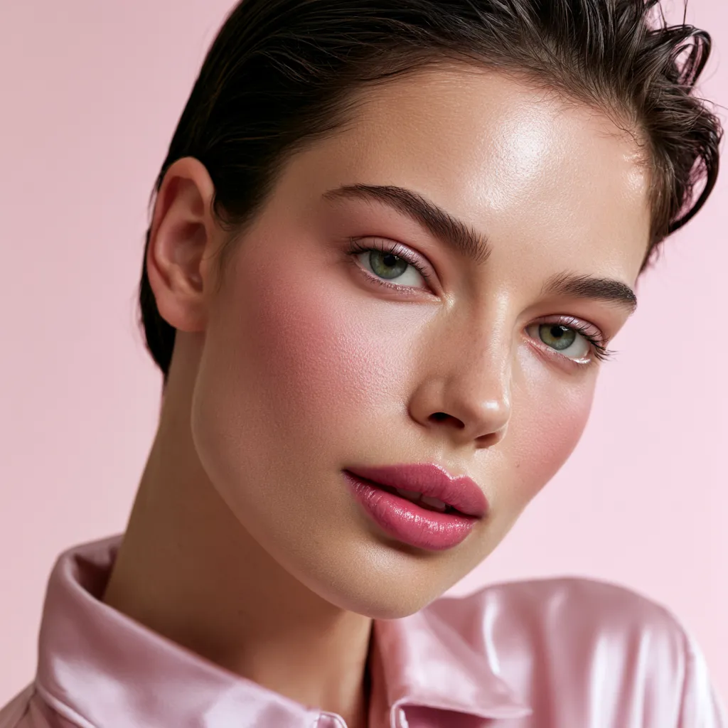 dewy skin base with pink monochromatic makeup finish