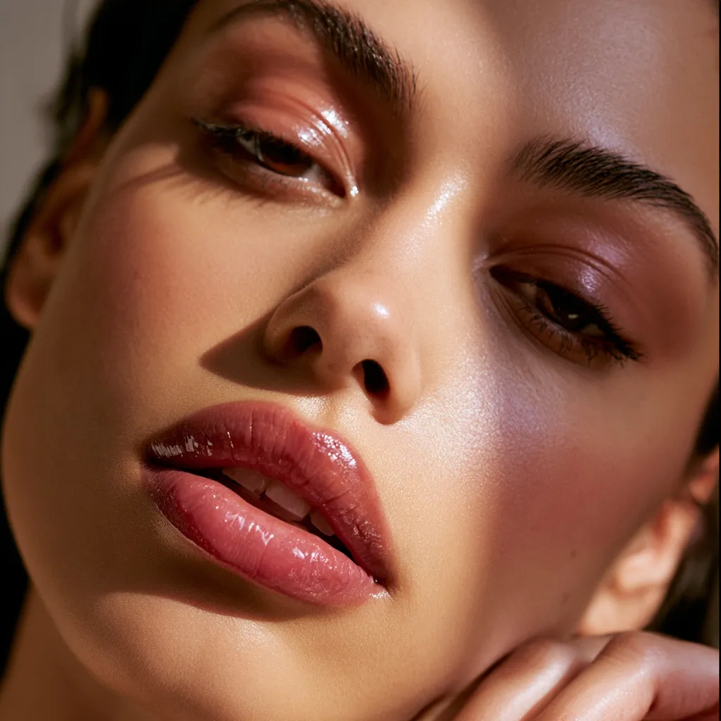 Glazed monochromatic pink makeup look on woman with dewy skin