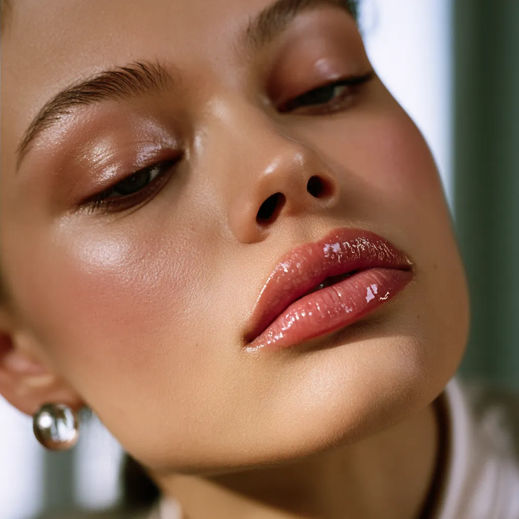 high-shine pink glazed lip monochromatic makeup