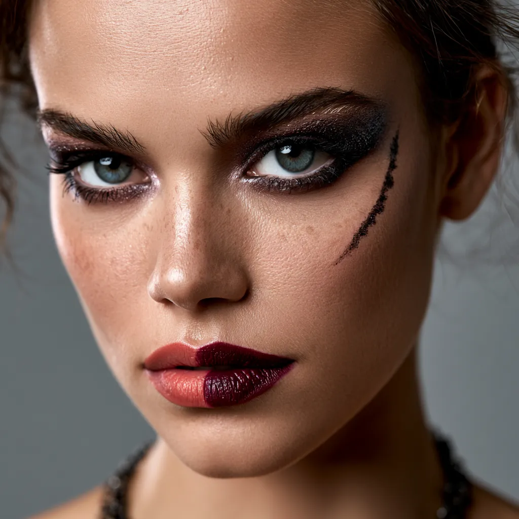 Bold asymmetric makeup look festival editorial style