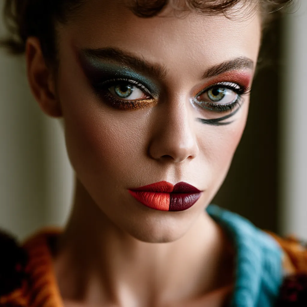 Avant-garde editorial makeup mismatched eye and two-tone lip