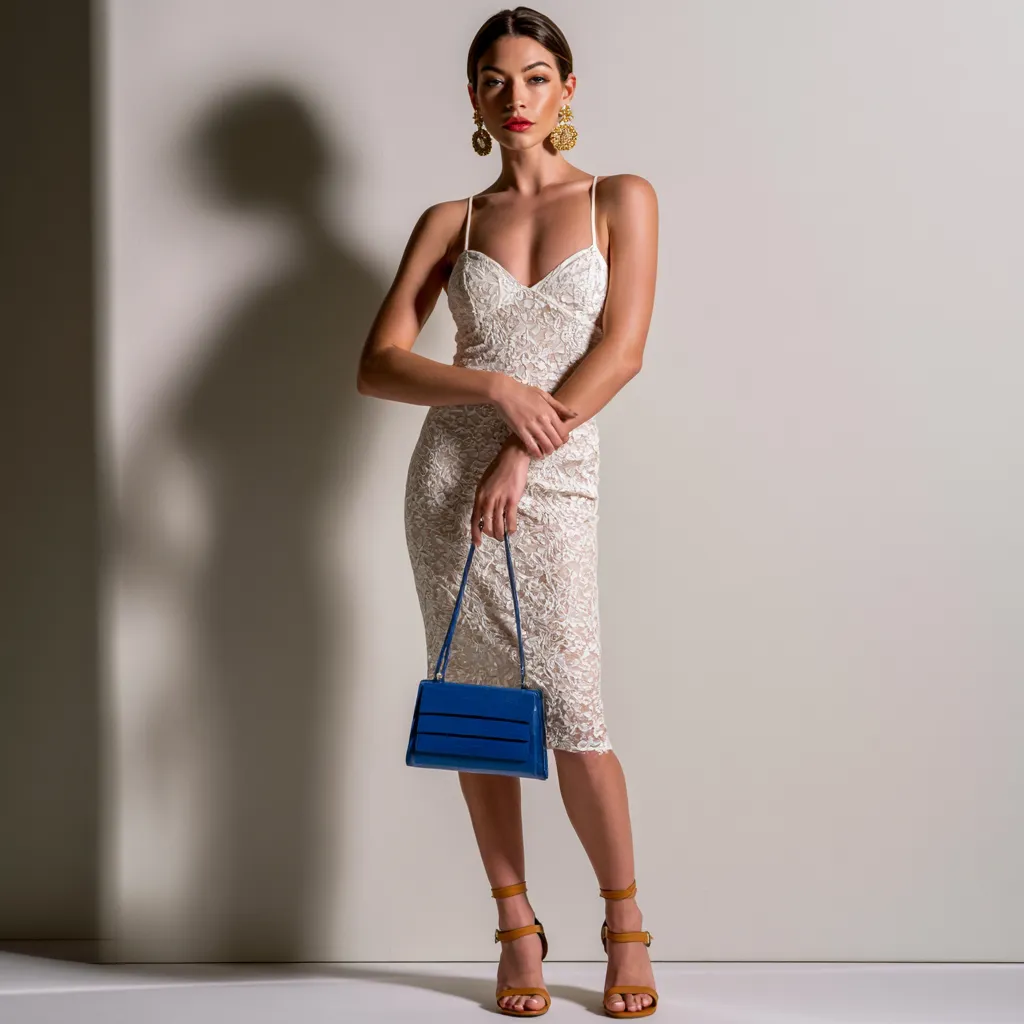 Wedding guest lace slip with blue accessories