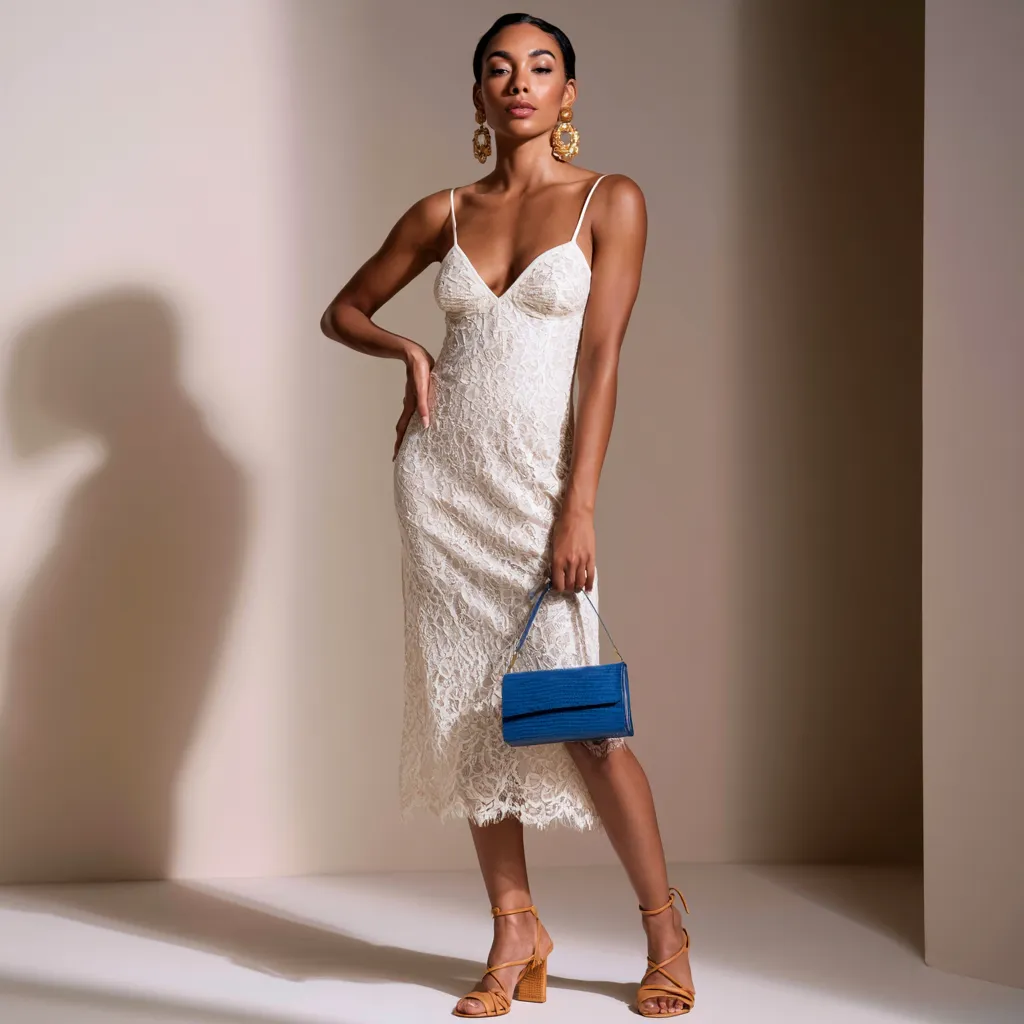 Lace dress summer occasion look with gold earrings