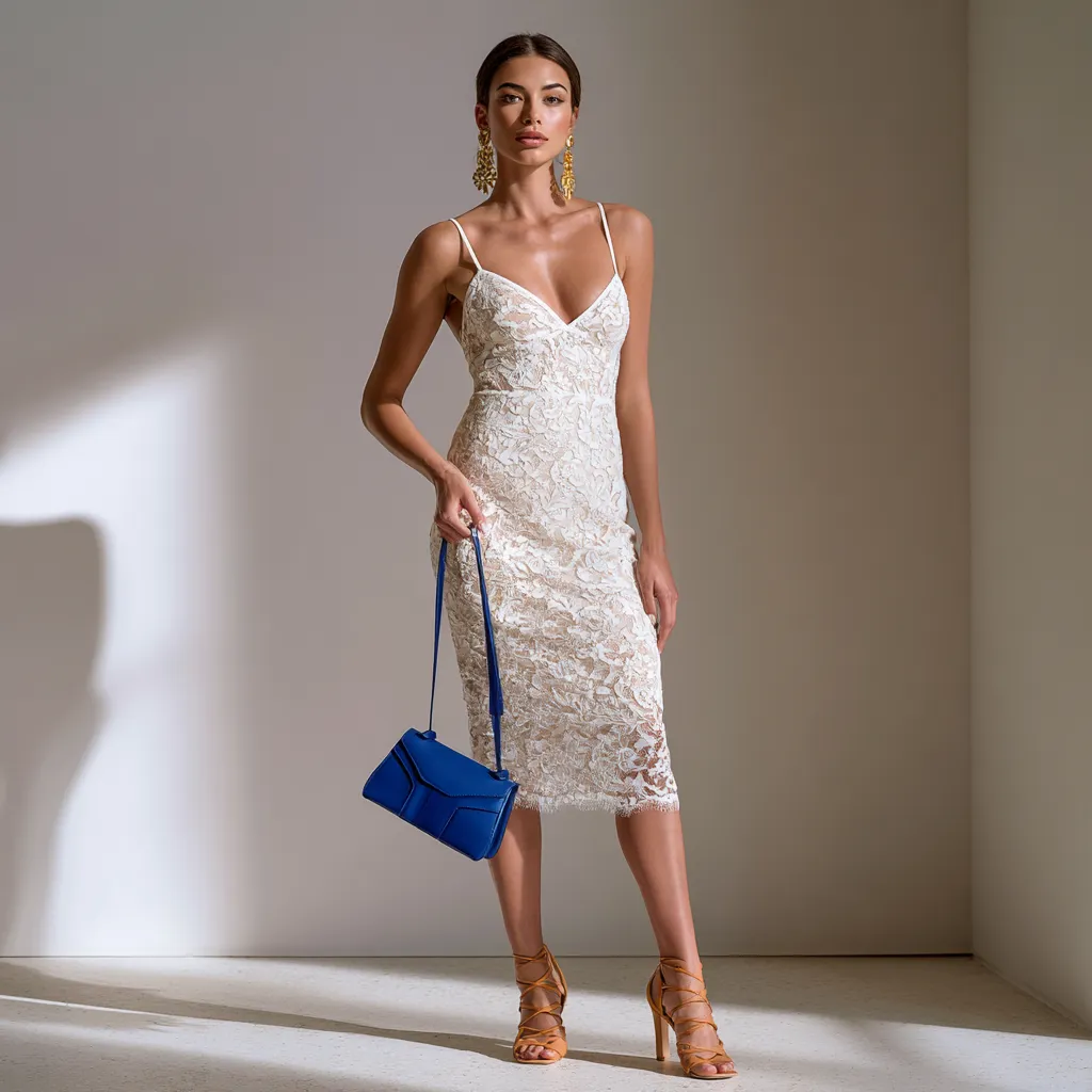 Ivory lace dress styled for outdoor wedding occasion
