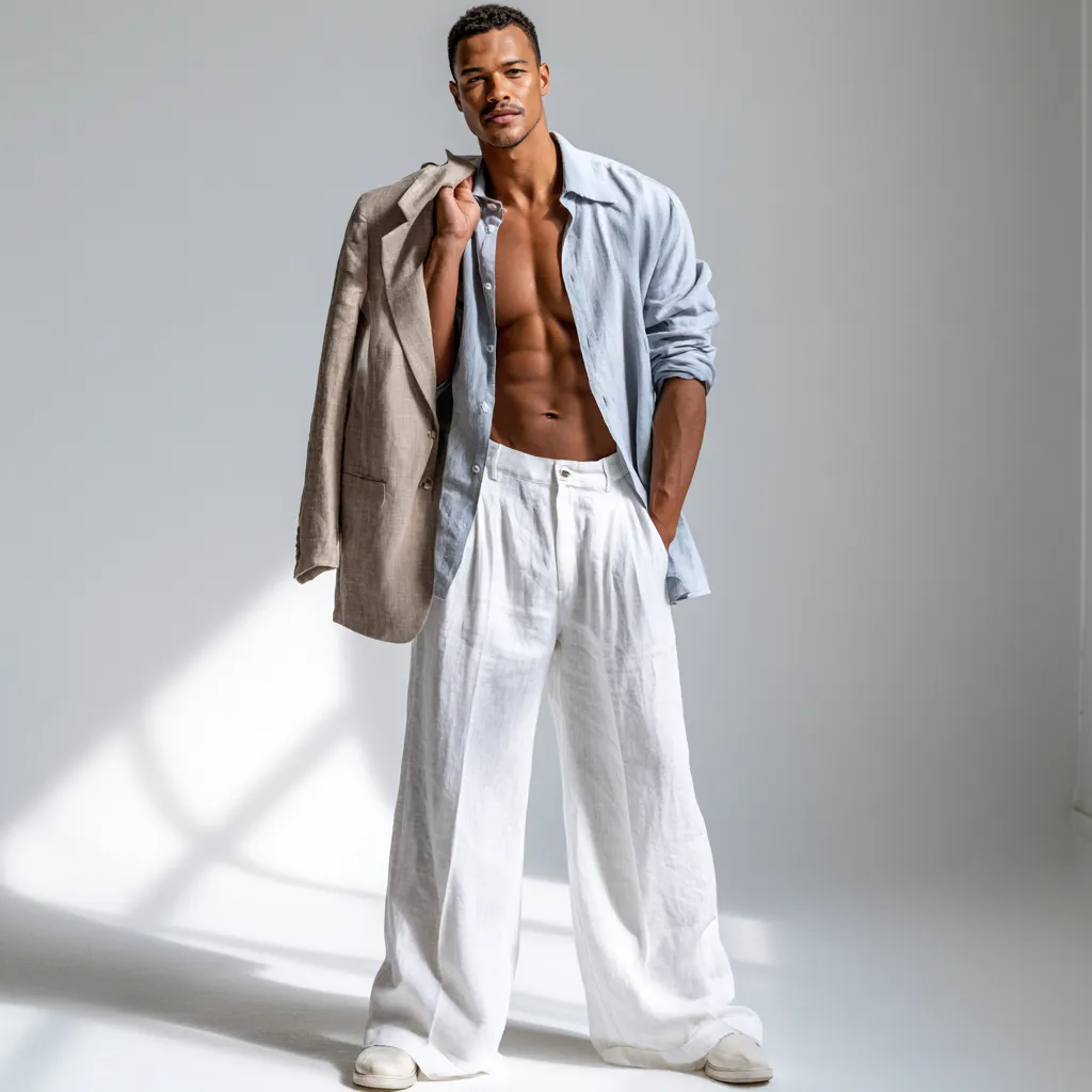 White linen pants outfit layered with sand blazer