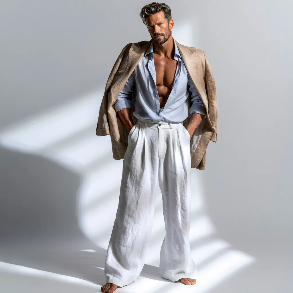 Man wearing white linen trousers pale blue linen shirt