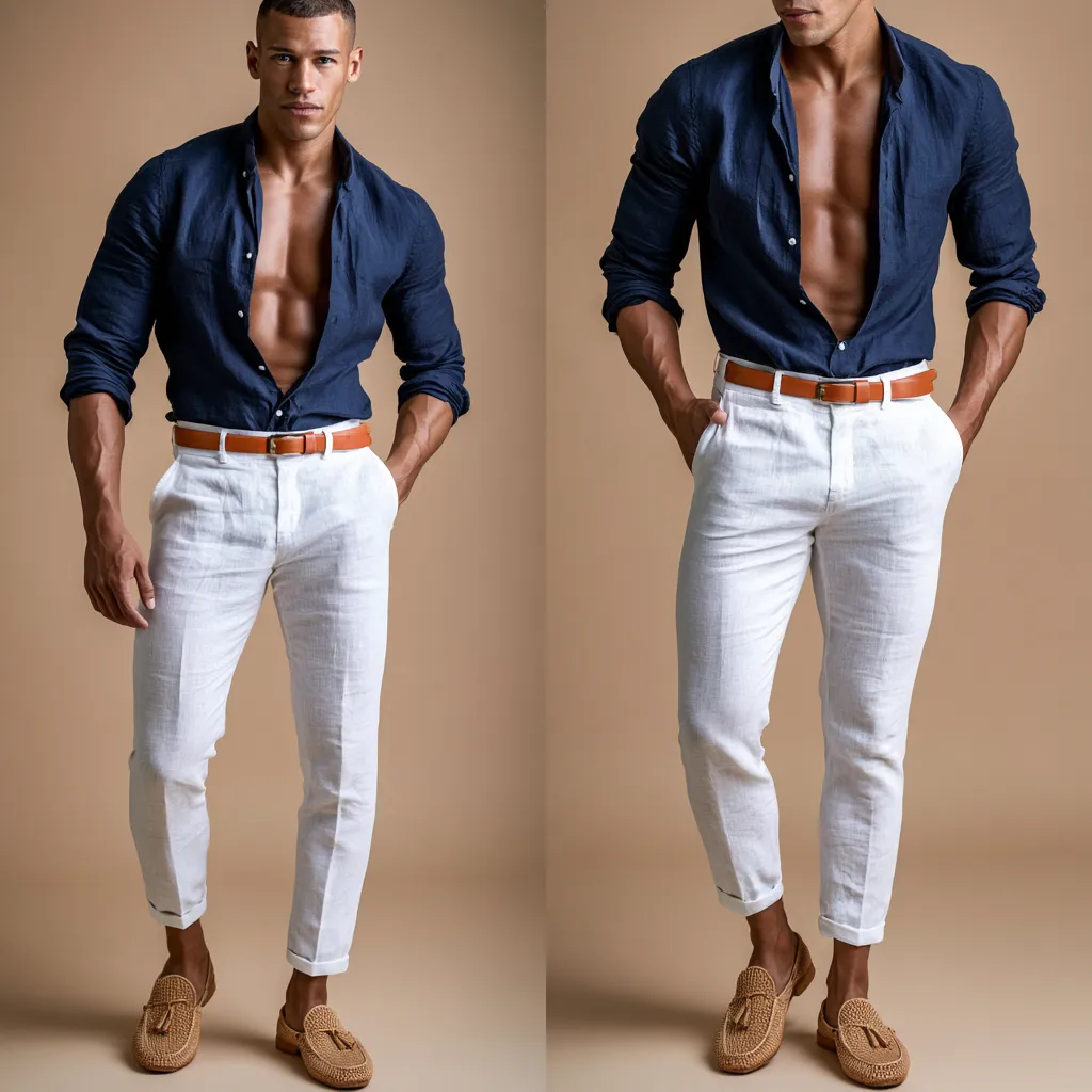 White linen trousers tan loafers navy shirt summer look