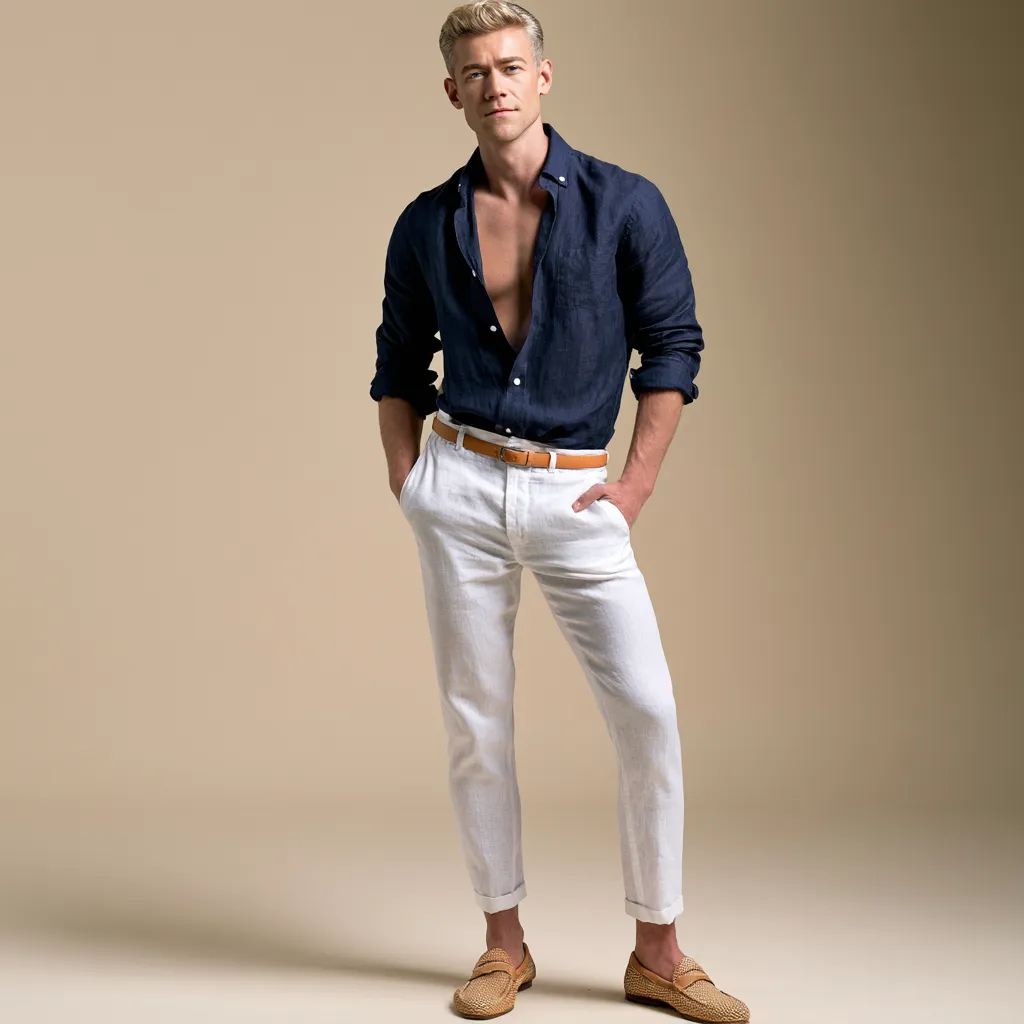 White trouser outfit grounded with warm tan accessories