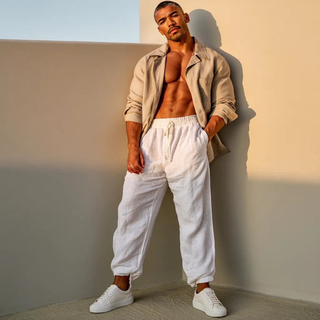 White linen pants styled for warm-weather evening event