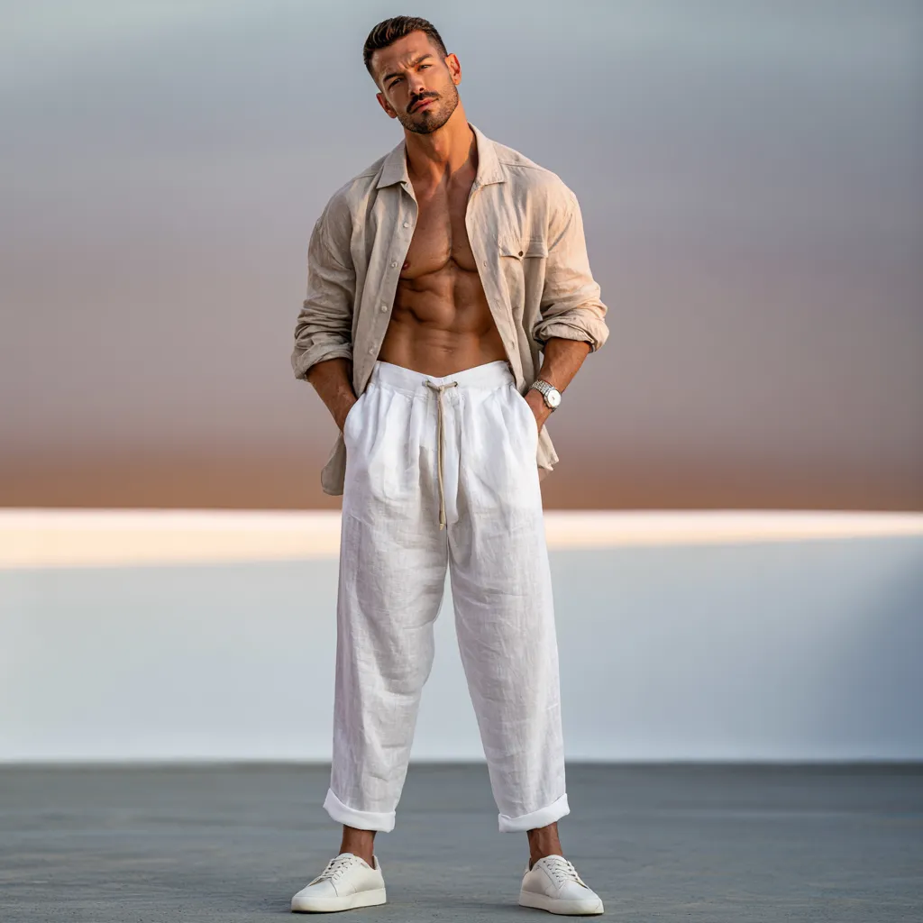 White linen drawstring trousers camp collar shirt summer