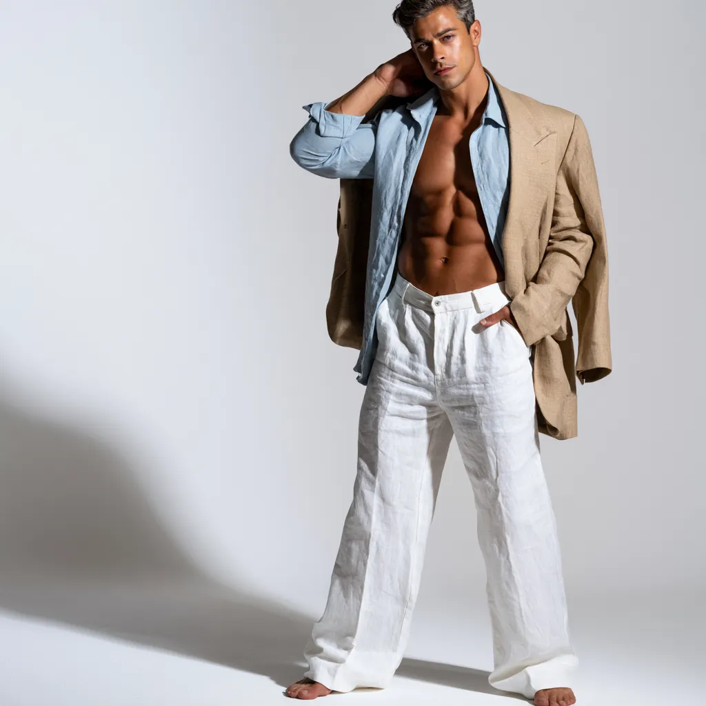 White linen trouser outfit with unstructured sport coat